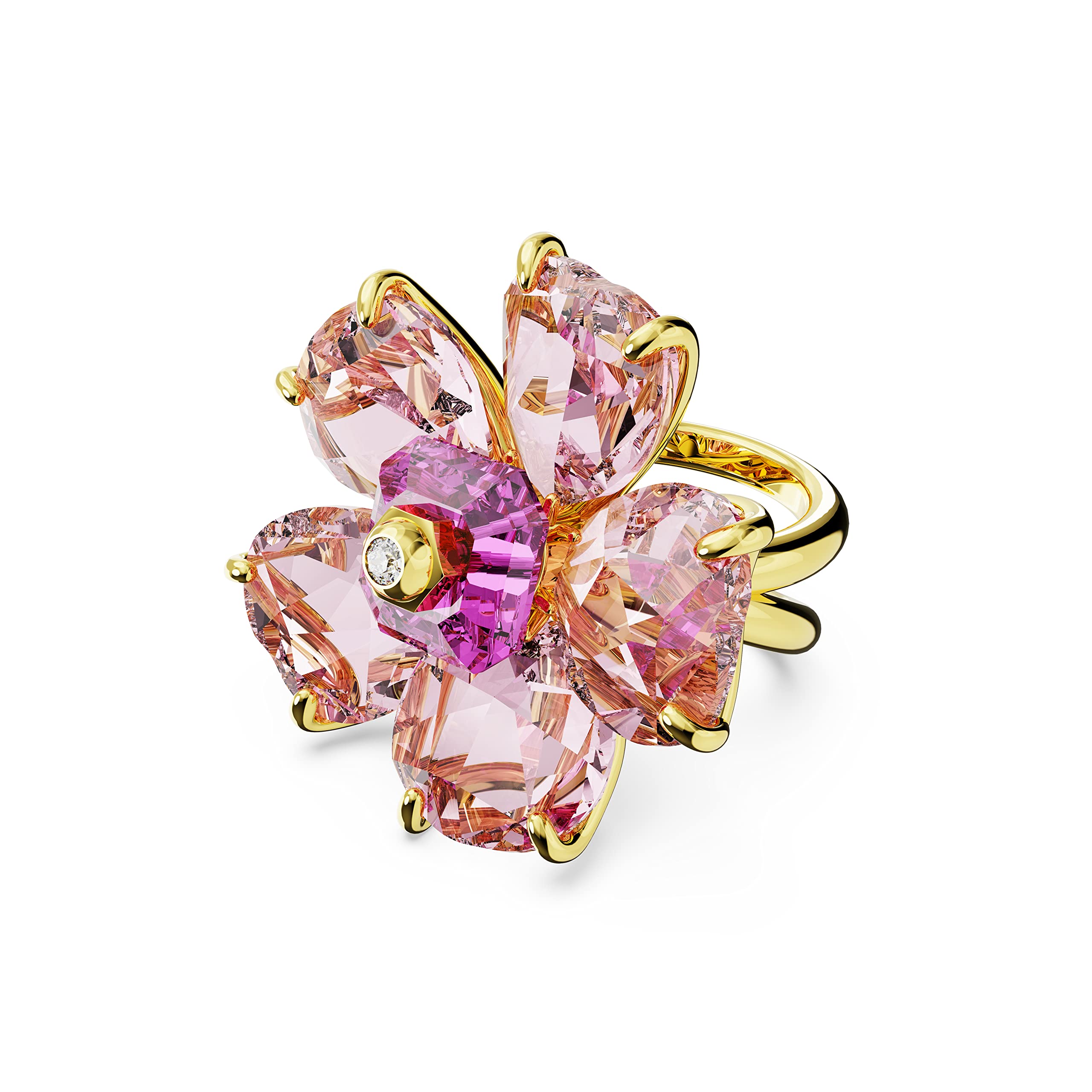 SWAROVSKI Florere Cocktail Ring, Flower Motif with Pink Crystals on a Gold-Tone Finished Double Band, Size 5, Part of the Florere Collection