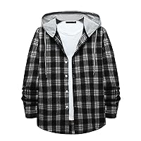 Men's Plaid Flannel Shirt Jackets Hoodie Casual Long Sleeve Cotton Lightweight Button Down Hooded Sweatshirt Tops