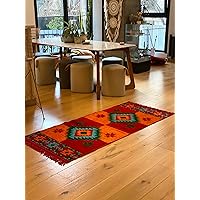 Mexican Area Rug & Runner (2.5' x 6 Red-Orange-Turquoise) Washable Reversible