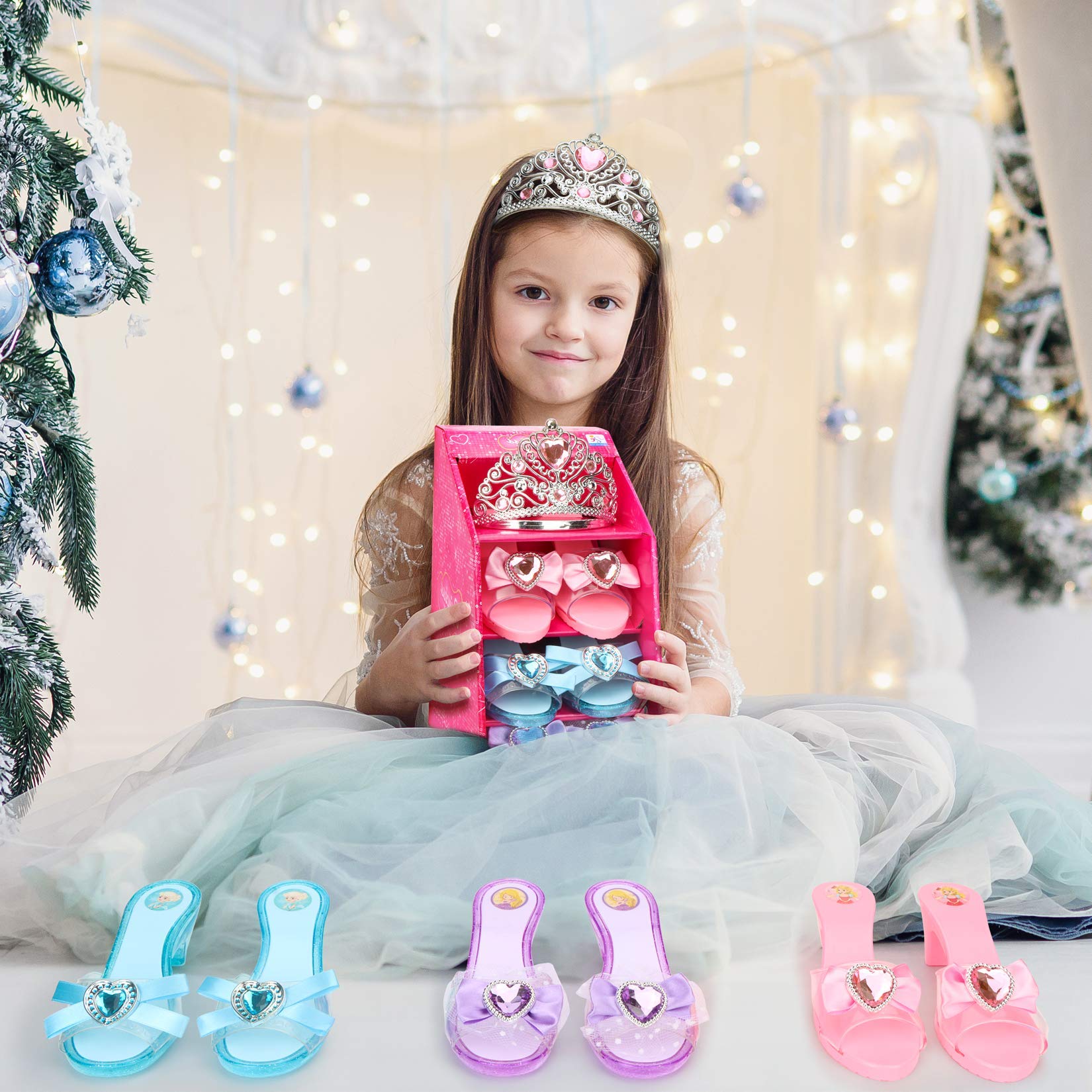 Mastom Girls Play Set! Princess Dress Up Shoes and Tiara (3 Pairs of Shoes + 1 Tiara) Role Play Collection Fashion Princess Shoes for Little Girls