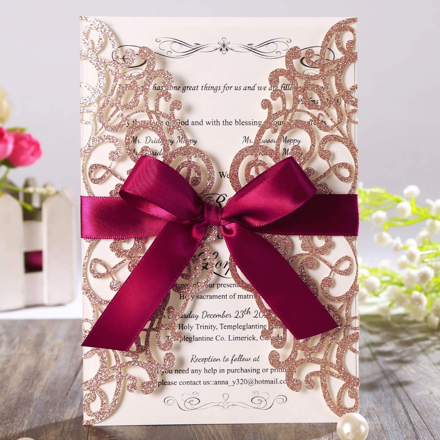 Hosmsua 50PCS Laser Cut Lace Rose Drill Wedding Invitation Cards 5” x 7.2” with Ribbon and Envelopes for Bridal Shower Engagement Birthday Graduation Invite (Rose Gold Glitter)