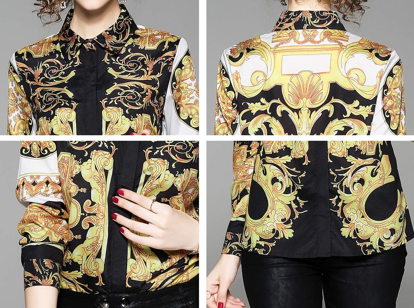 LAI MENG FIVE CATS Women's Baroque Chain Print Shirt Regular Fit Button Down Casual Blouse Tops