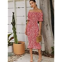 Women's Dresses Casual Wedding Off Shoulder Ruffle Trim Shirred Ditsy Floral Dress Wedding Guest (Color : Red, Size : X-Small)