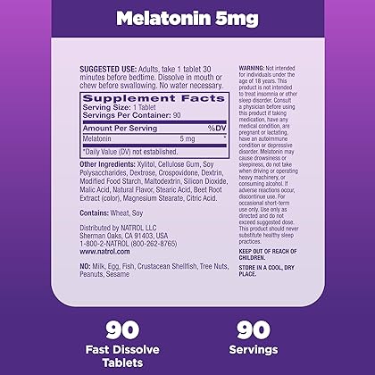 Natrol Melatonin Fast Dissolve Sleep Aid Tablets, Fall Asleep Faster, Stay Asleep Longer, Easy to take, Dissolves in Mouth, Drug Free, 5mg, 90 Strawberry Flavored Tablets