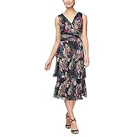 S.L. Fashions Women's Midi Sleeveless Printed Ruched Waist and Tiered Skirt, Wedding Guest, Party Dress