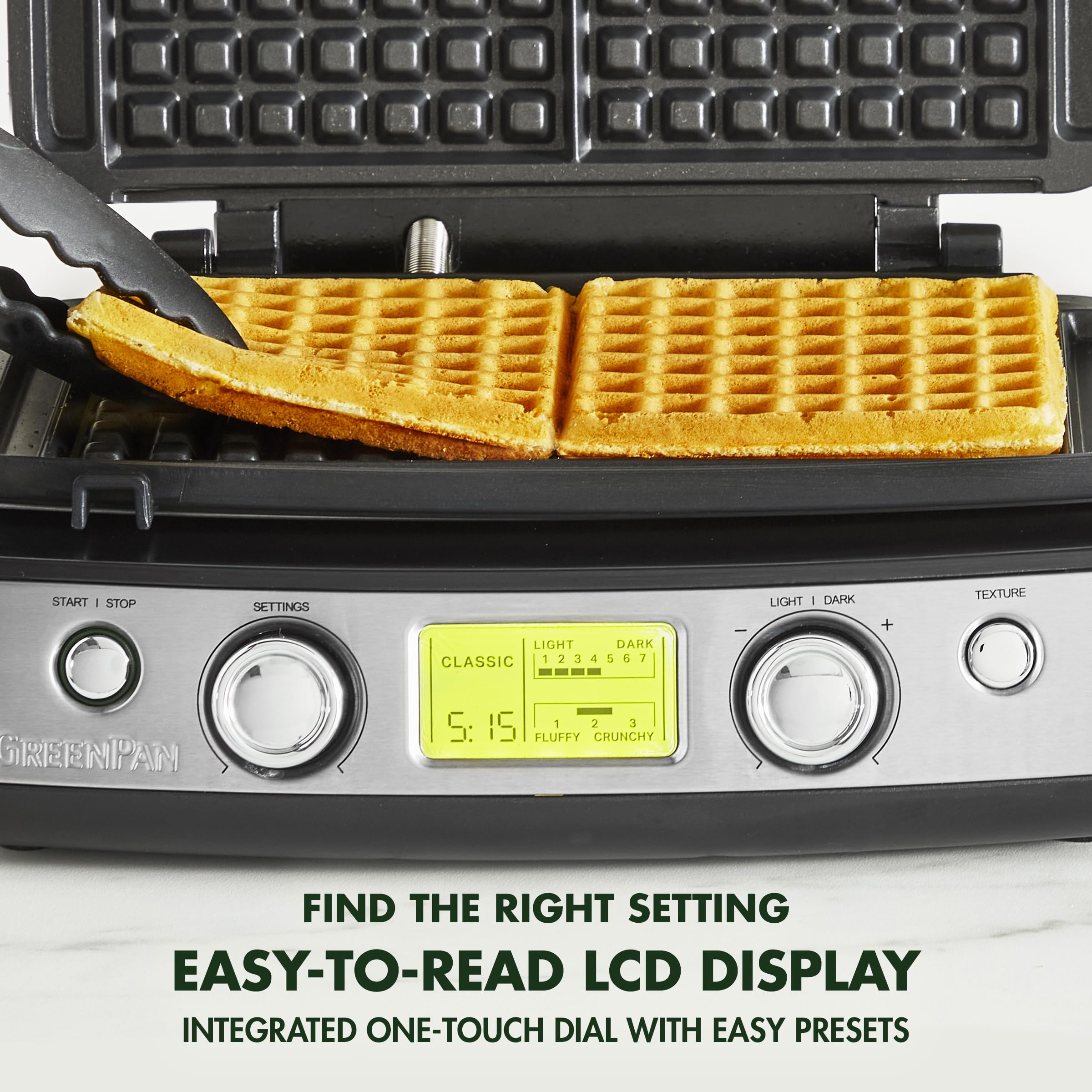 GreenPan Elite 2-Square Belgian & Classic Waffle Iron, Healthy Ceramic Nonstick Aluminum Dishwasher Safe Plates, Adjustable Shade/Crunch Controls, Wont Overflow, Easy Cleanup Breakfast, Black