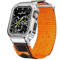 SUPLINK Metal Case with Nylon Strap Compatible with Apple Watch Strap 45 mm, Stainless Steel Protective Bracelet for iWatch Series 8/7 (Orange)