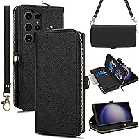 Rssviss Case for Samsung Galaxy S24 Ultra 5G Wallet, 《RFID Blocking》Flip for Galaxy S24 Ultra Crossbody Case PU Leather with Card Holder Wrist Strap, Purse Cover for Samsung S24 Ultra 6.8 inch Black