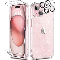 TIESZEN Compatible with iPhone 15 Plus Case Glitter, [5 in 1] with 2X Screen Protector + 2X Camera Lens Protector, [Non-Yellowing] Sparkly Shockproof Hard Phone Case for Women 6.7