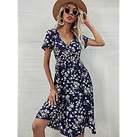 Women's Dress Floral Shirred Waist Dress (Color : Navy Blue, Size : X-Small)