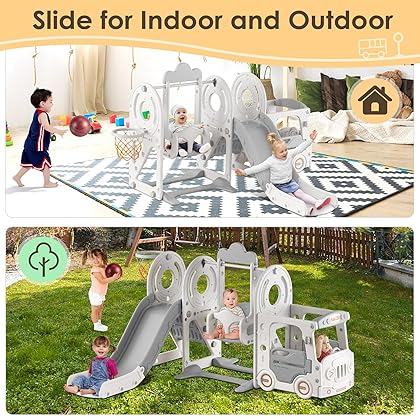 BIERUM 5 in 1 Toddler Slide and Swing Set, Kid Slide for Toddlers Age 1-3, Bus Themed Baby Slide with Basketball Hoop, Indoor Outdoor Slide Toddler Playset Toddler Playground