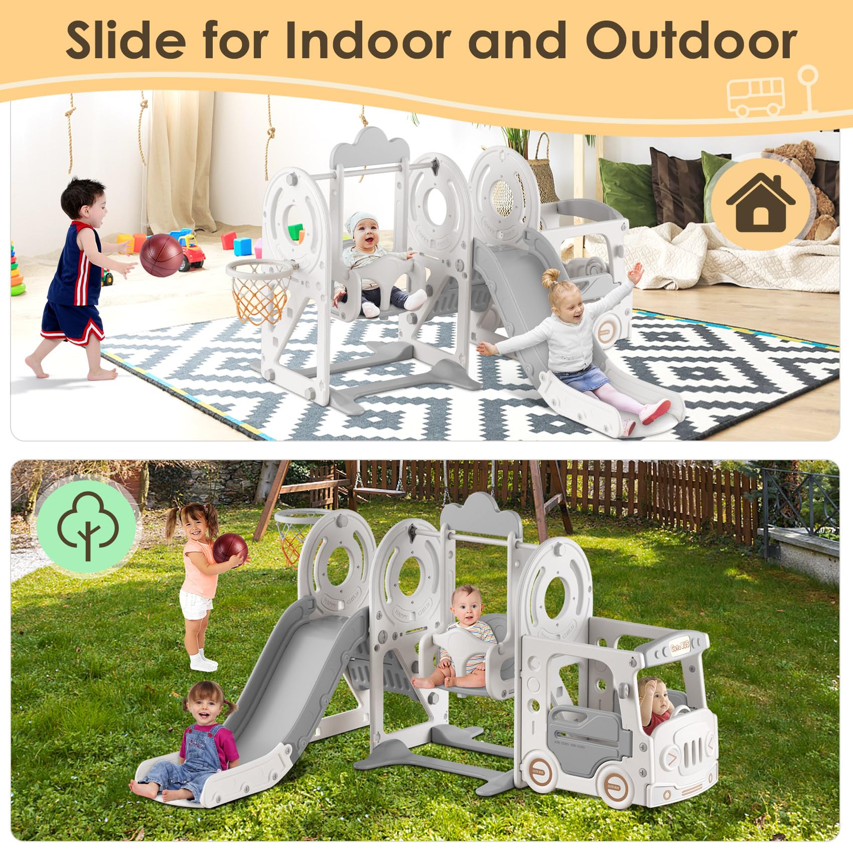BIERUM 5 in 1 Toddler Slide and Swing Set, Kid Slide for Toddlers Age 1-3, Bus Themed Baby Slide with Basketball Hoop, Indoor Outdoor Slide Toddler Playset Toddler Playground