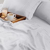 Tribeca Living 100% French Linen 4-Piece Bed Sheet Set, White, Queen Sheets - Extra Deep Pocket Sheet Set, European Flax Certified, Garment Washed, Solid