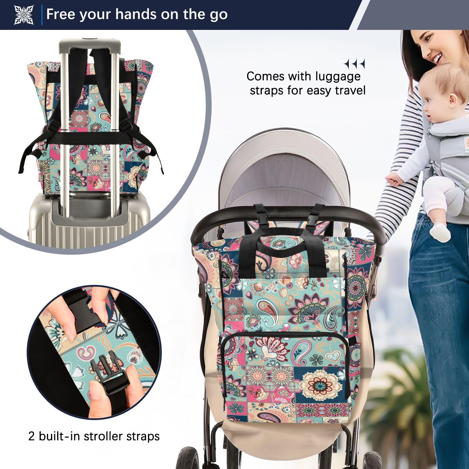 innewgogo Paisley Flowers Diaper Bag Backpack for Men Women Large Capacity Baby Changing Totes with Three Pockets Multifunction Travel Back Pack for Shopping Travelling
