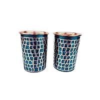 Pure Copper 2 Glass Outer Hammerd Firozi Paint Work Decorated Tumbler Drink ware Set Tableware Pitcher (Hammerd Firozi 2 Tumbler)