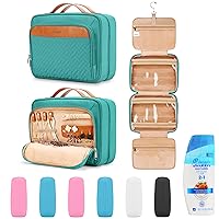 Travel Hanging Toiletry Bag for Women, with 6 Leak Proofing Silicone Bottle Covers, Waterproof Makeup Accessories, Cosmetic Essentials, Toiletries Dopp Kit Set with Jewelry Organizer Compartment, Blue