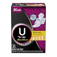 U by Kotex CleanWear Ultra Thin Feminine Pads with Wings, Regular, Unscented, 36 Count (Pack of 3)