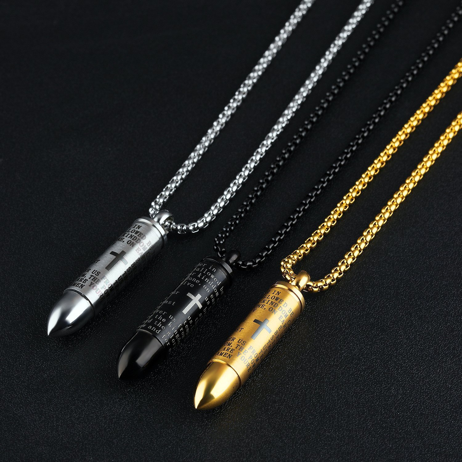 Stainless Steel English Lord's Prayer Cross Detachable Cremation Urn Bullet Pendant Necklace with 22 Inch Chain (Black Gold Silver Blue)