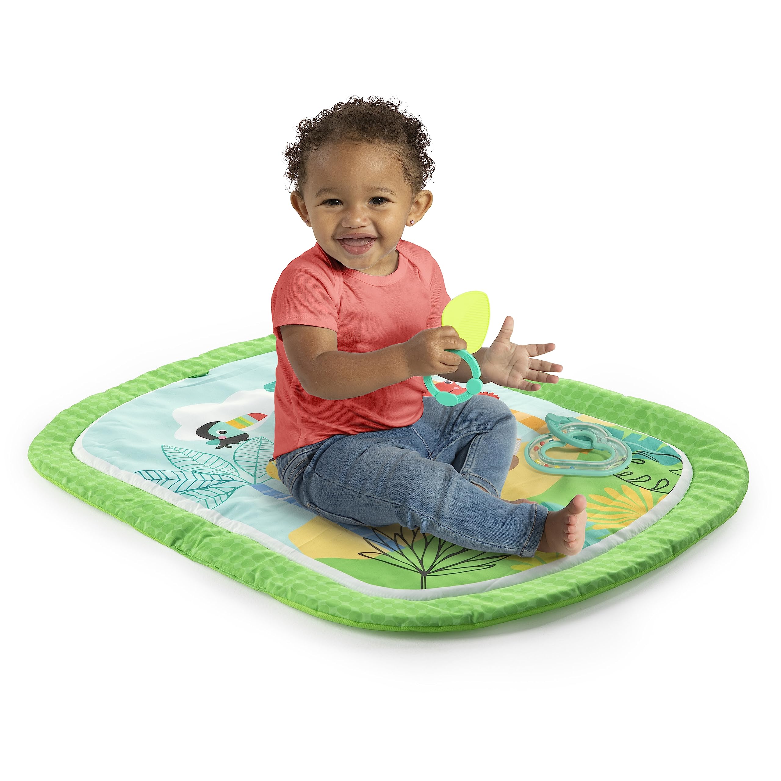 Bright Starts Easy Breezy Baby Tummy Time Activity Mat with 2 Detachable Take Along Toys, Compact & Machine-Washable, Newborn +