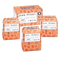 Pura Size 5 Eco-Friendly Diapers (24-35 lbs) Totally Chlorine Free (TCF) Hypoallergenic, Soft Organic Cotton, up to 12 Hours Leak Protection, Allergy UK, 3 Packs of 20 Diapers (60 Diapers)