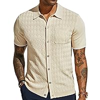 Mens Polo Shirt Short Sleeve Casual Knit Textured Button Down Polo Shirts with Pocket