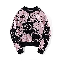 Cats Pattern Drop Shoulder Sweater (Size : Small)
