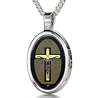 Crucifix Necklace with 24k Gold Inscribed Matthew 27 on Black Onyx Stone, 18