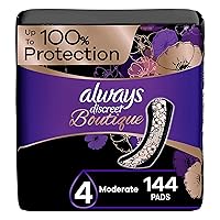 Always Discreet Boutique Adult Incontinence & Postpartum Pads For Women, Size 4, Moderate Absorbency, Regular Length, 48 Count x 3 Packs (144 Count total) (Packaging May Vary)