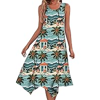 Sun Dresses for Women 2024 Vacation Beach Dress for Women 2024 Summer Fashion Flowy Ruched Casual with Sleeveless Round Neck Swing Dresses Cyan Medium