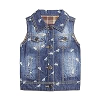 KIDSCOOL SPACE Girl Denim Vest, Round Collared Lace Sleeveless Jeans Tops