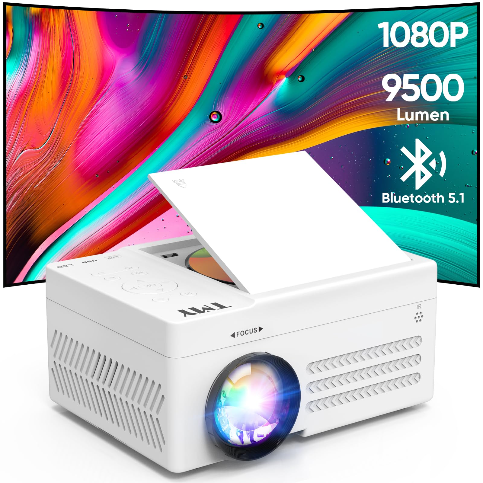 TMY Bluetooth Projector with DVD Player Built in, 1080P Outdoor Projector with 9500 Lumen, Mini Portable DVD Projector Compatible with Smartphone/PC/TV Stick/HDMI/AV/USB/TF, indoor & outdoor use
