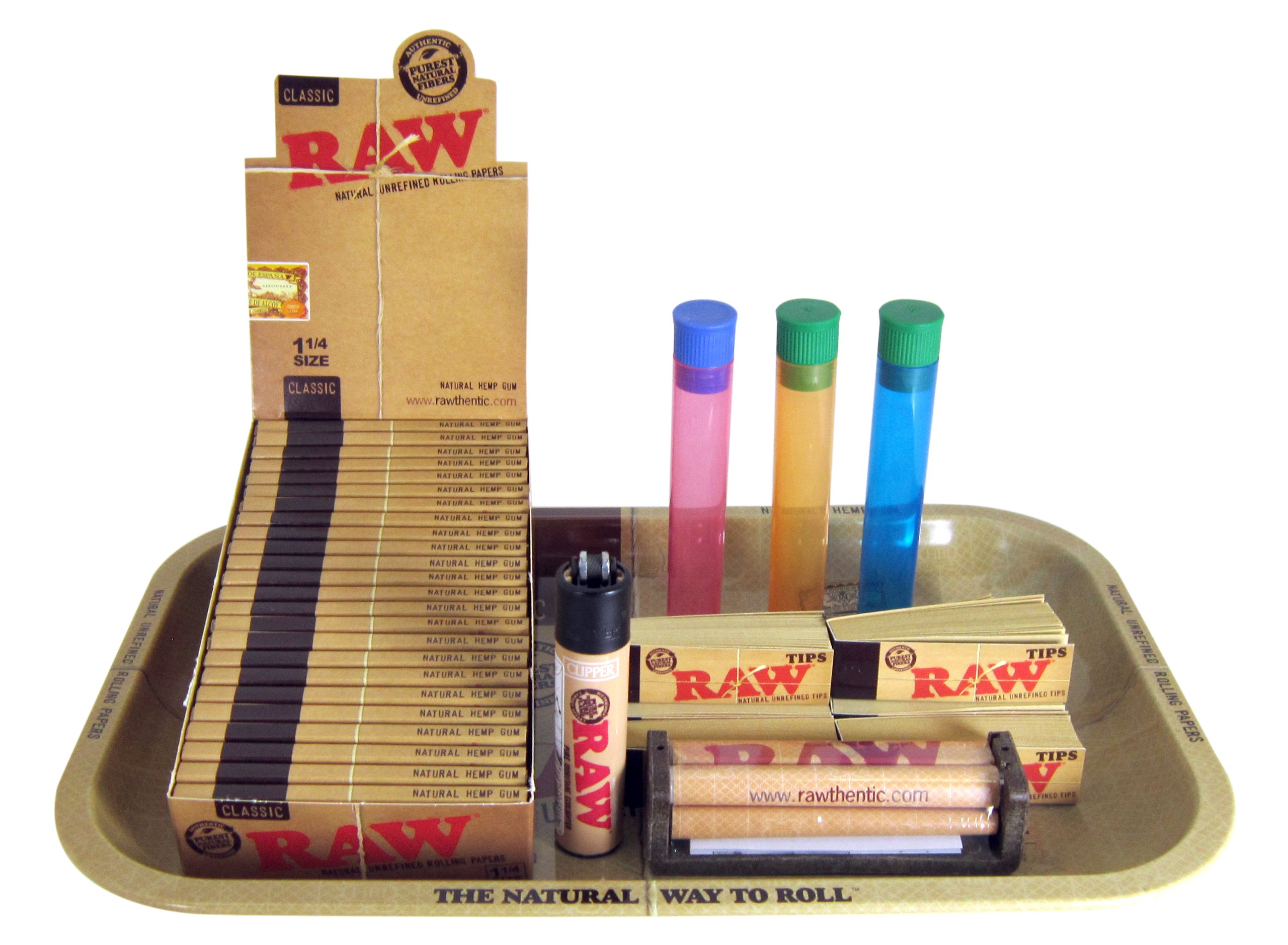Bundle - 40 Items - RAW Natural 1 1/4 Full Box with Roller, Paper Tips, Lighter, Rolling Tray and KewlTubes