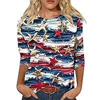 Plus Size Casual 3/4 Sleeve Tops for Women Indenpendence Day Summer 2024 Trendy Flag Day Tees Blouse
