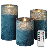 Flickering Flameless Candles with Remote - Handmade Sandblast Glass LED Pillar Candles, Real Wax Battery Operated Candles for Home Bathroom Coastal Theme Wedding Decorations(Blue,Set of 3)