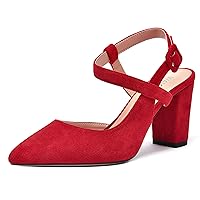 WAYDERNS Womens Ankle Strap Wedding Buckle Pointed Toe Suede Solid Dress Block High Heel Pumps Shoes 3.3 Inch