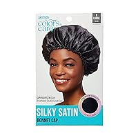 KISS COLORS & CARE Silky Satin Bonnet Cap, XL, Protective, Gentle Fabric & Slip-Free Elastic Band, For Most Hair Types - Overnight Wear, Breathable, Stylish Sleep Cap, Black