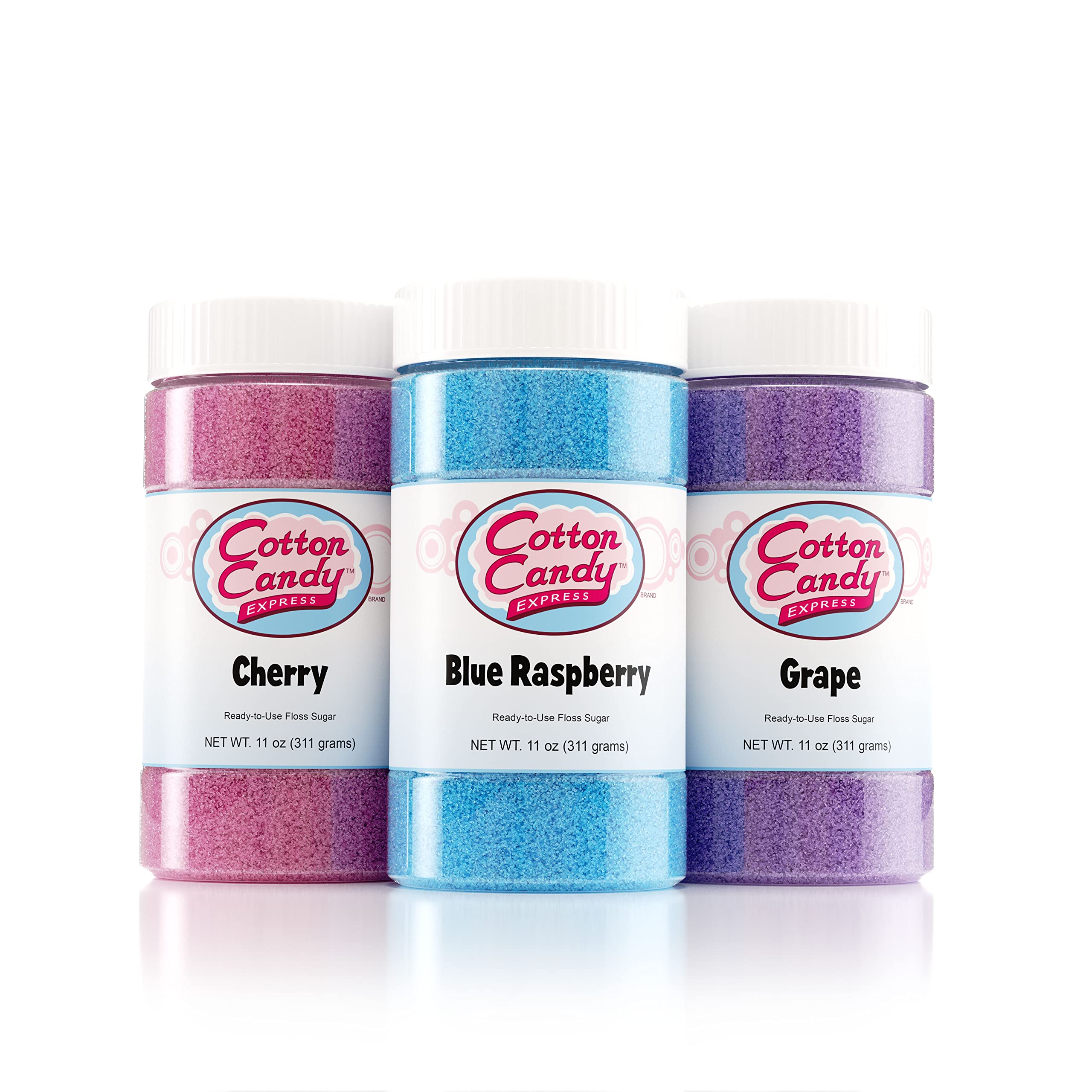 Cotton Candy Express 3 Flavor Sugar Pack with Cotton Candy Cones - Featuring Cherry, Grape, and Blue Raspberry Floss Sugar and 100 Paper Cones for Making Cotton Candy