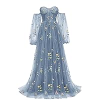 Prom Dresses for Women Puffy Sleeve Flower Embroidery Tulle Formal Party Gowns R036