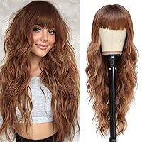 NAYOO Long Light Brown Wigs with Bangs for Women Curly Wavy Hair Wigs Heat Resistant Synthetic Fiber Wigs for Daily Party Use 26 Inches (Light Brown)
