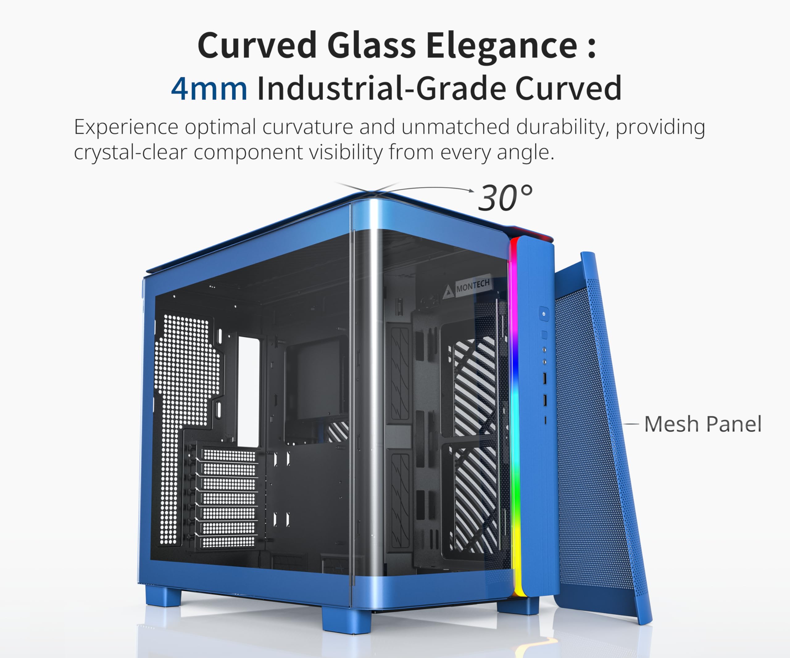 MONTECH King 95 Dual-Chamber ATX Mid-Tower PC Gaming Case, High-Airflow  Toolless Panels, Sturdy Curved Tempered Glass Front and Side Panel, ARGB Lighting, King 95 Blue US