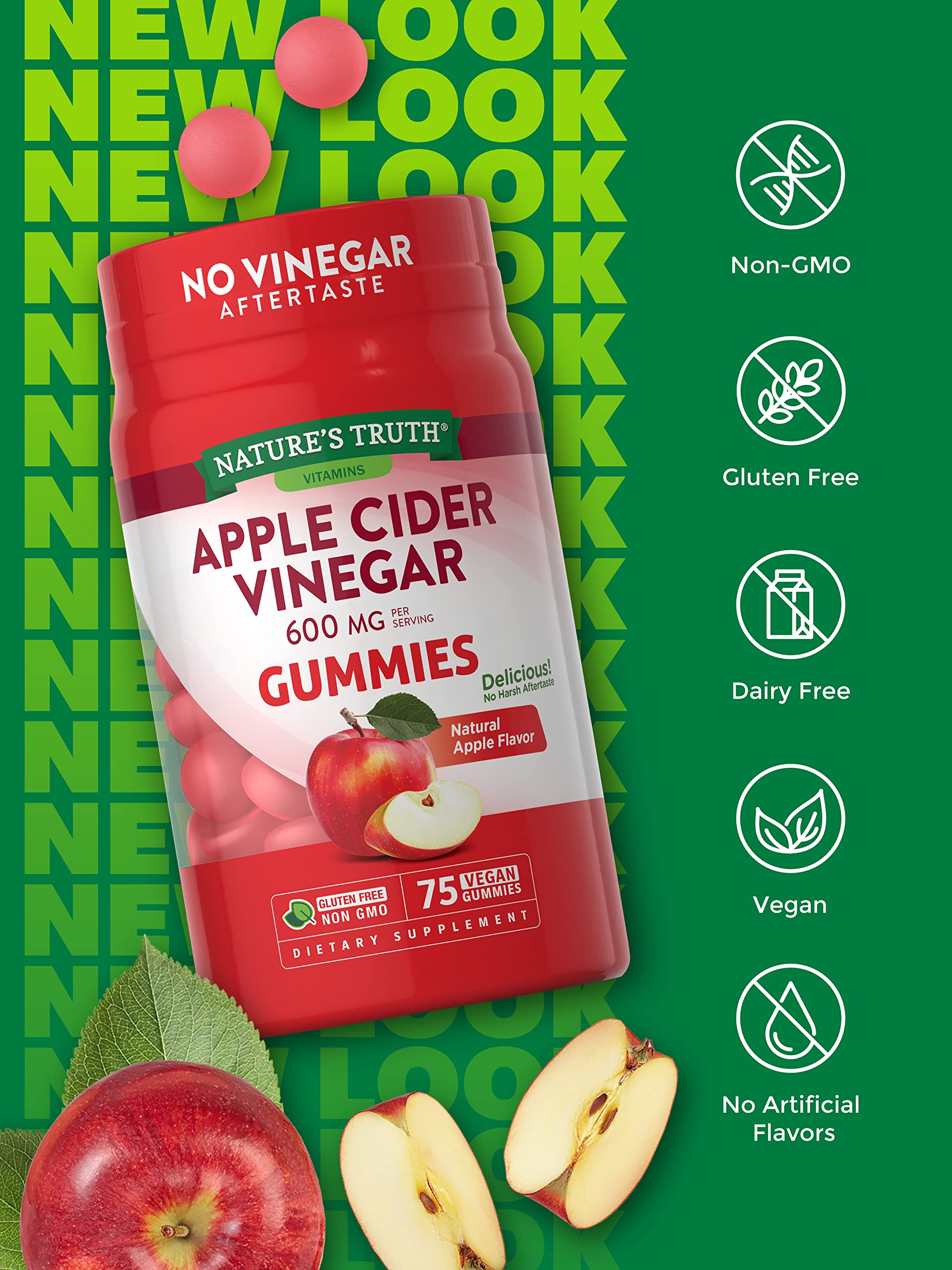 Nature's Truth Apple Cider Vinegar Gummies | 600 mg | 75 Gummies | Natural Apple Flavor | Vegan, Non-GMO, Gluten Free Supplement