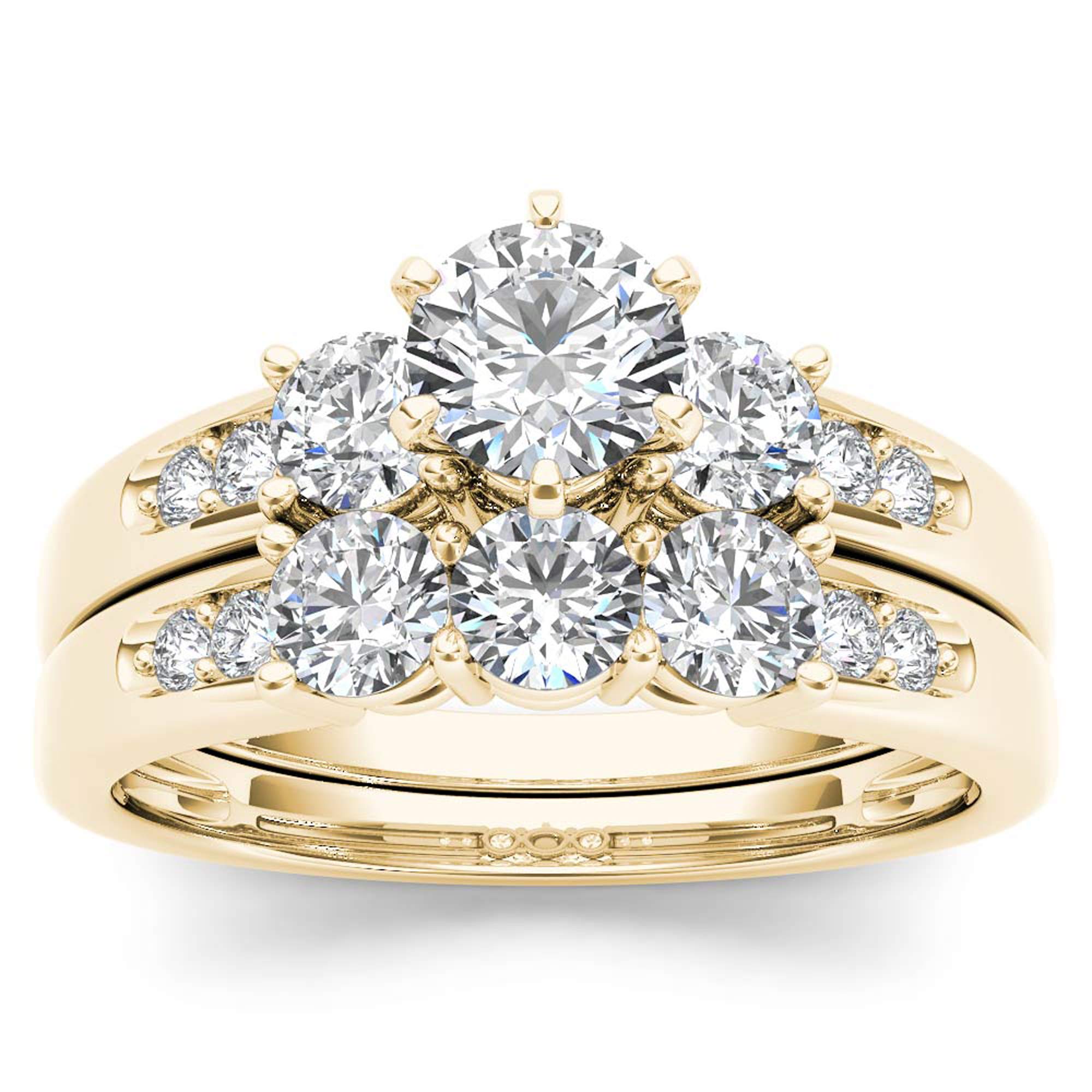 DZON IGI Certified 14k Gold 1 3/8 Carat TDW Diamond Three Stone Bridal Ring Set (I-J,I2)