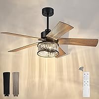 YOUKAIN Black Ceiling Fan, 48 Inch Modern Crystal Ceiling Fan with Lights and Remote Control, 5-Reversible Blades with Matte Black/Wooden Finish, 48-YJ632A-BK