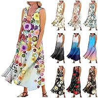 HTHLVMD Women Summer Casual Fashionable Dresses Sleeveless Round Neck Flower Printed Comfort Loose Dresses with Pocket