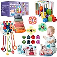 7 in 1 Montessori Baby Toys 6 to 12-18 Months - Pull String Teether, Stacking Rings, Sensory Bin, Matching Eggs, Tissue box, Spinner Toys and Storage Bag, Toddler Toy for 1-3 Year Old Boys Girls Gift