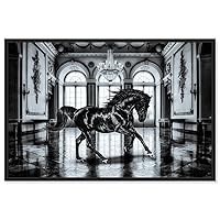 Country Farmhouse Canvas Print Painting Animal Wall Art 'Elegant Black Ballroom Horse' Black Framed Canvas Rustic Home Décor 15x10 in Black, Gray by Oliver Gal