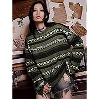 Women's Sweater Dark Academia Geo Pattern Drop Shoulder Sweater Sweater for Women (Color : Multicolor, Size : Small)