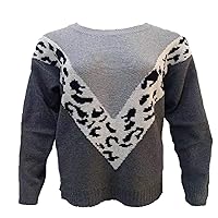 Autumn/Winter Printing Stitching Leopard Print Sweater Long-Sleeved Top Knit Sweater Women Grey X4XL