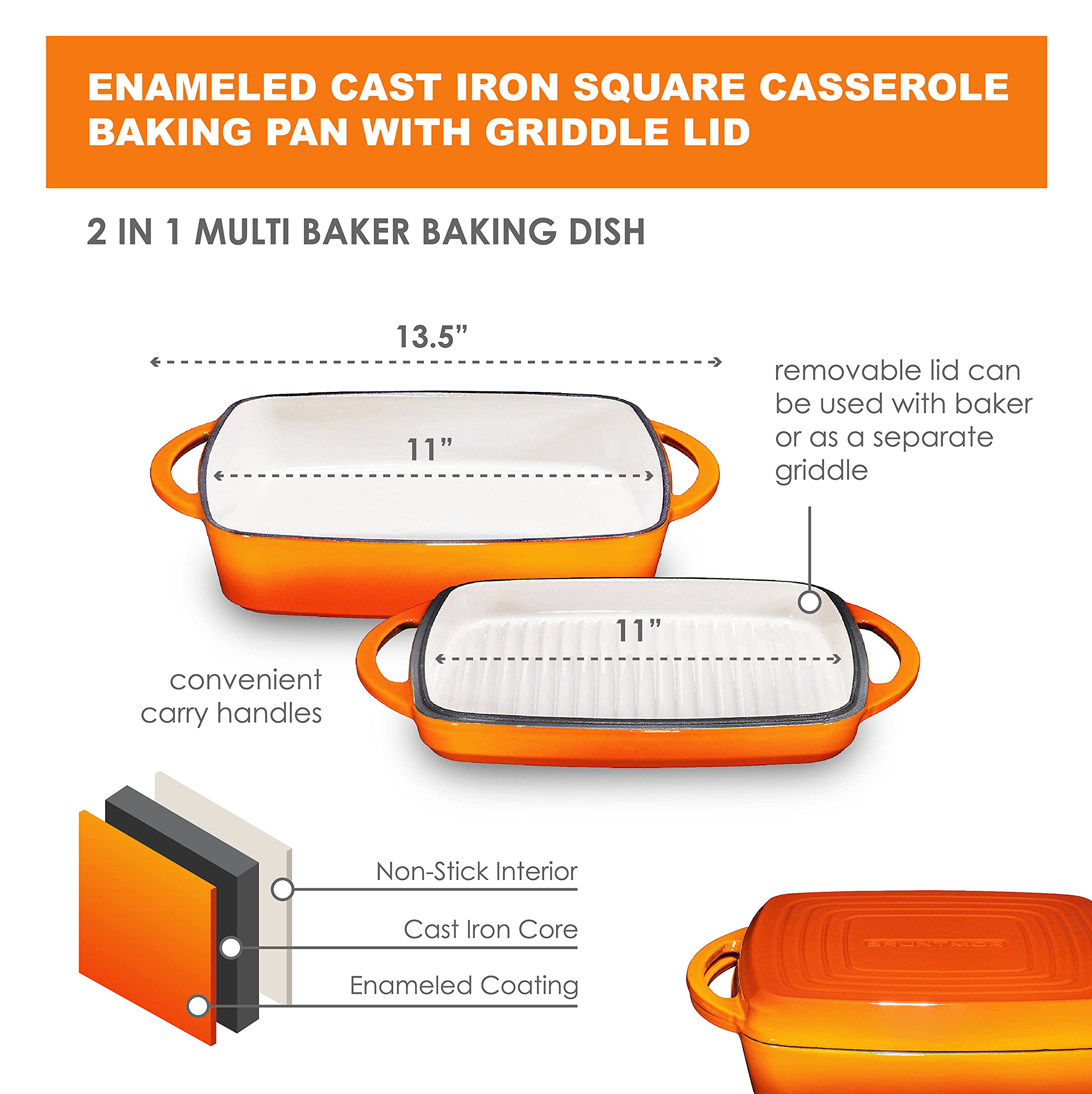 Bruntmor 2-in-1 Pre-seasoned Square Cast Iron Dutch Oven With Dual Handles, Non stick Pan with Grill, All-in-One Cookware Set, Cast Iron Casserole Dish with Lid for Braising Dishes,Pumpkin Spice