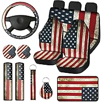 15 PCS Patriotic American Flag Wood Deer Skull Camo Car Accessories Set 4th of July Car Steering Wheel Cover Thickened Car Seat Covers Keyring Car Coaste Seat Belt Pad(Flag Style)
